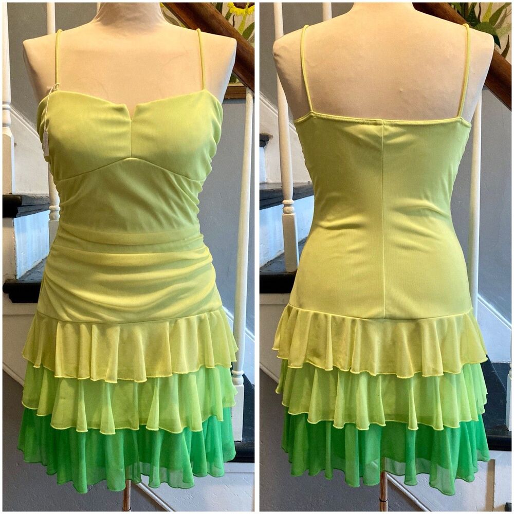 2000s Y2k Spring Green Ombré Gradient Mesh Ruffle Mini Sundress Clubwear Summer